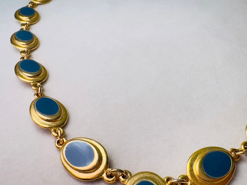 Gold and Blue Y Necklace, Vintage Goldette 1970s Gold Link Necklace with Muted Blue Enamel
