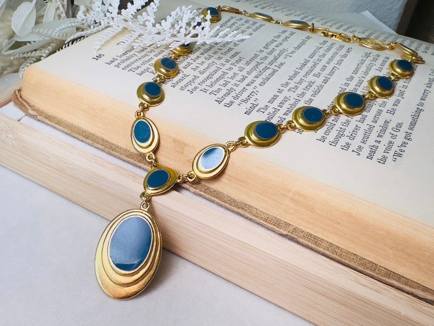 Gold and Blue Y Necklace, Vintage Goldette 1970s Gold Link Necklace with Muted Blue Enamel