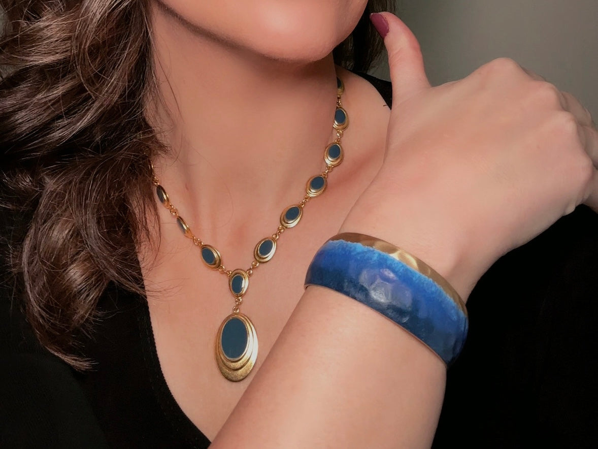 Gold and Blue Y Necklace, Vintage Goldette 1970s Gold Link Necklace with Muted Blue Enamel