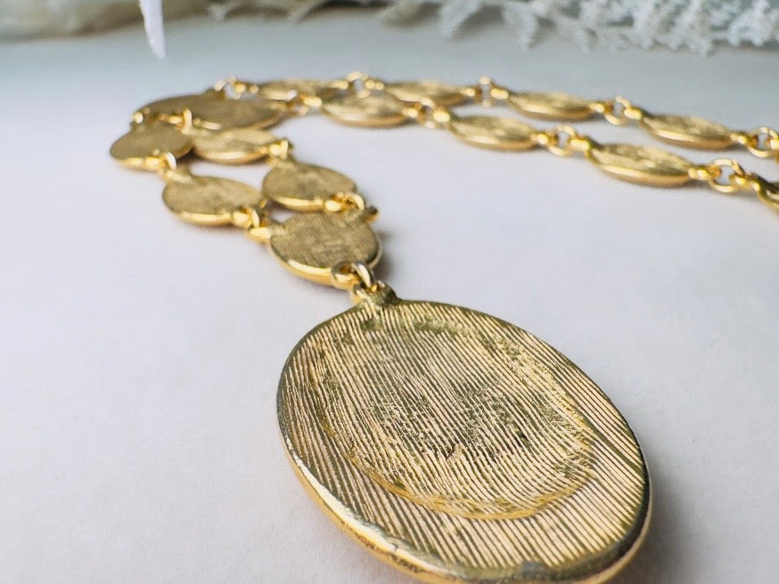 Gold and Blue Y Necklace, Vintage Goldette 1970s Gold Link Necklace with Muted Blue Enamel