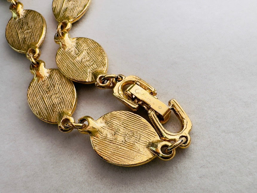 Gold and Blue Y Necklace, Vintage Goldette 1970s Gold Link Necklace with Muted Blue Enamel