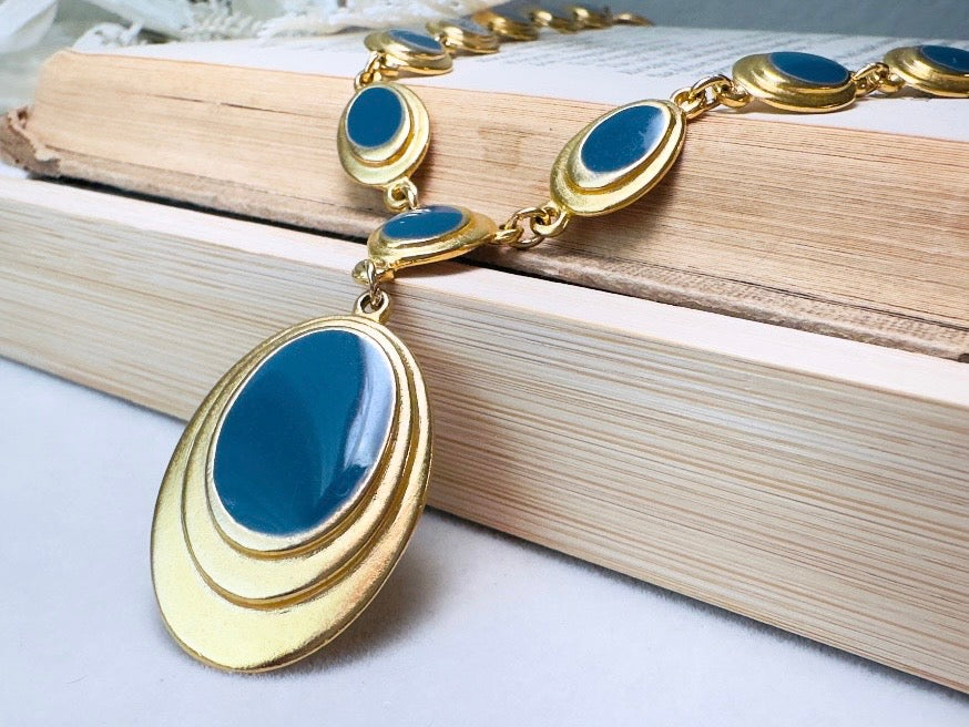 Gold and Blue Y Necklace, Vintage Goldette 1970s Gold Link Necklace with Muted Blue Enamel