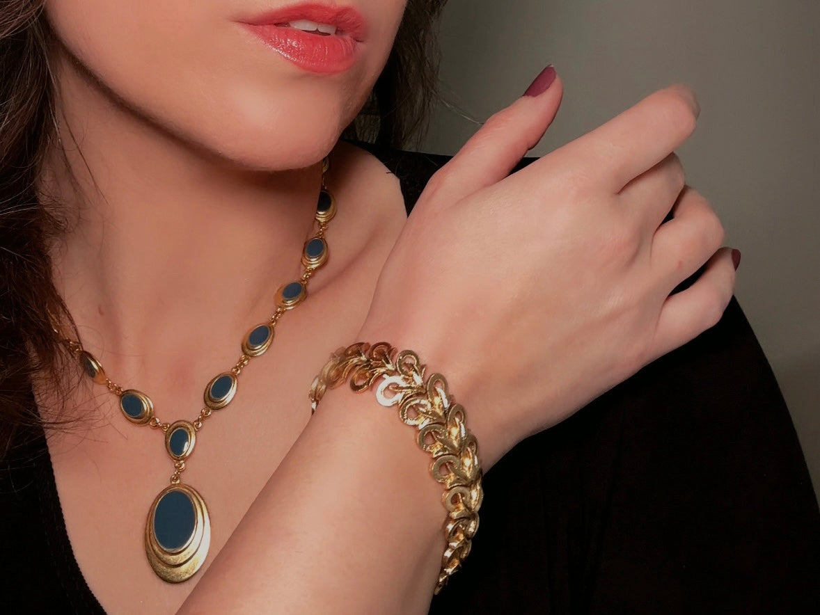 Gold and Blue Y Necklace, Vintage Goldette 1970s Gold Link Necklace with Muted Blue Enamel