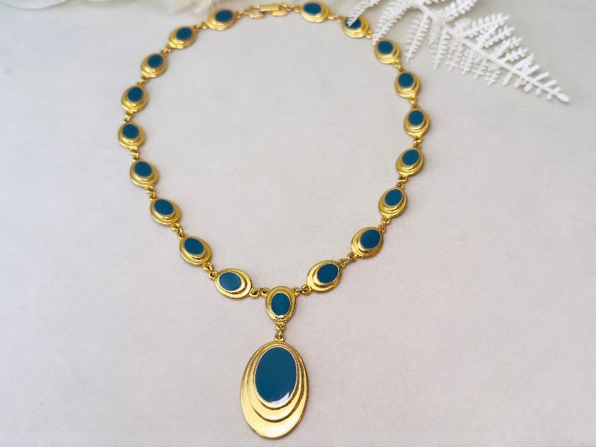 Gold and Blue Y Necklace, Vintage Goldette 1970s Gold Link Necklace with Muted Blue Enamel
