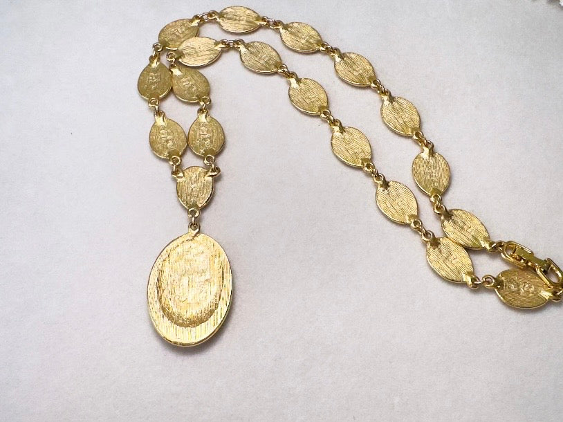 Gold and Blue Y Necklace, Vintage Goldette 1970s Gold Link Necklace with Muted Blue Enamel