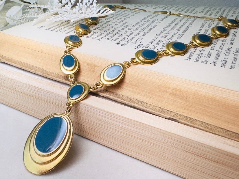 Gold and Blue Y Necklace, Vintage Goldette 1970s Gold Link Necklace with Muted Blue Enamel