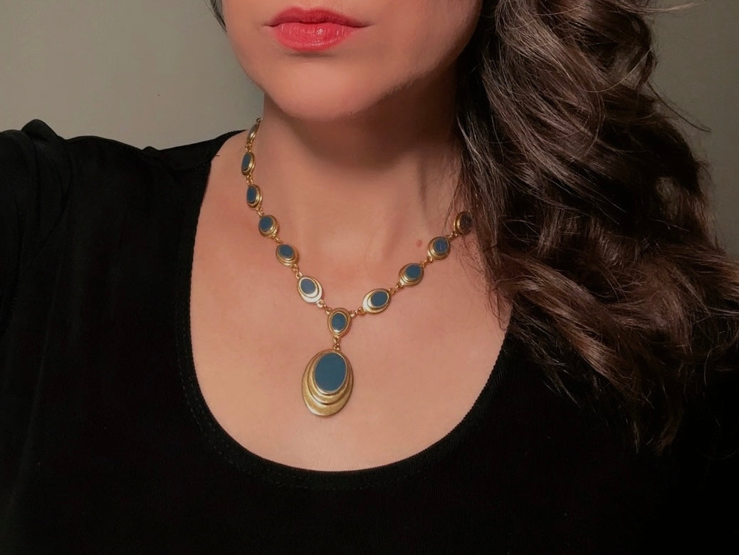 Gold and Blue Y Necklace, Vintage Goldette 1970s Gold Link Necklace with Muted Blue Enamel