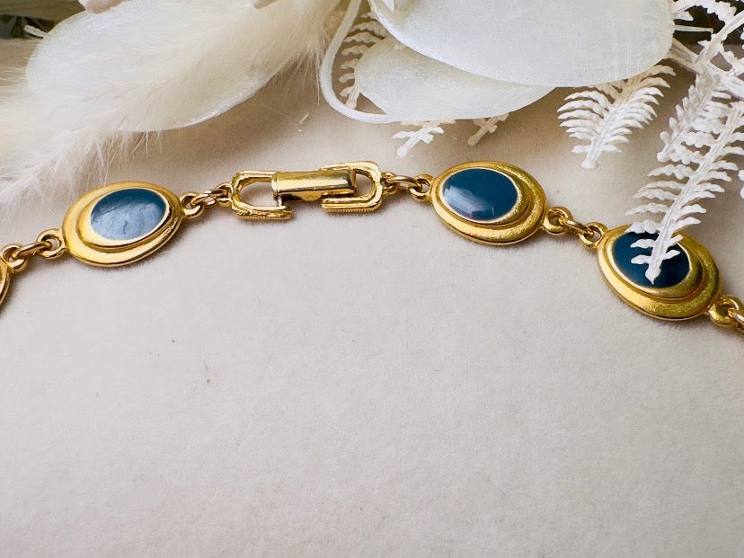 Gold and Blue Y Necklace, Vintage Goldette 1970s Gold Link Necklace with Muted Blue Enamel