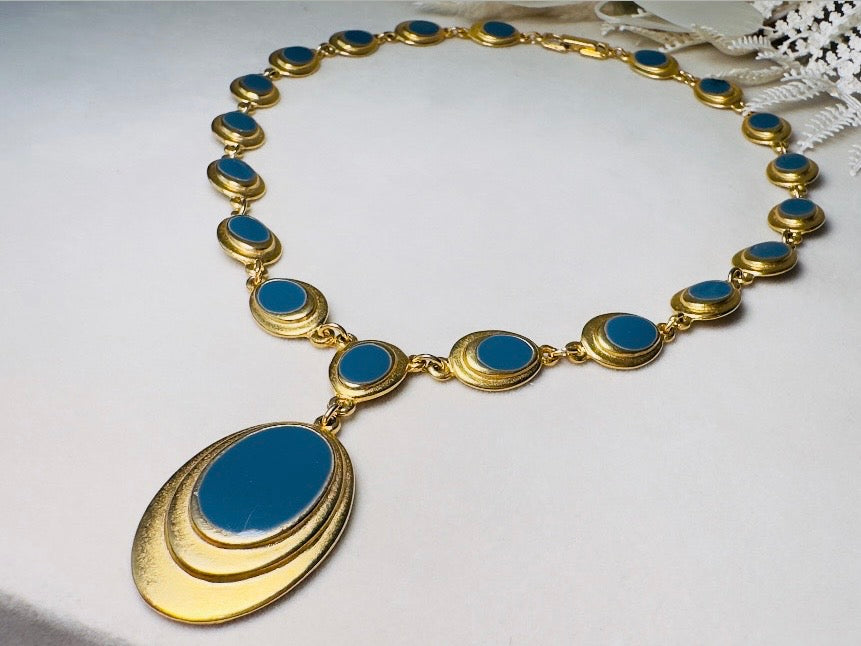 Gold and Blue Y Necklace, Vintage Goldette 1970s Gold Link Necklace with Muted Blue Enamel