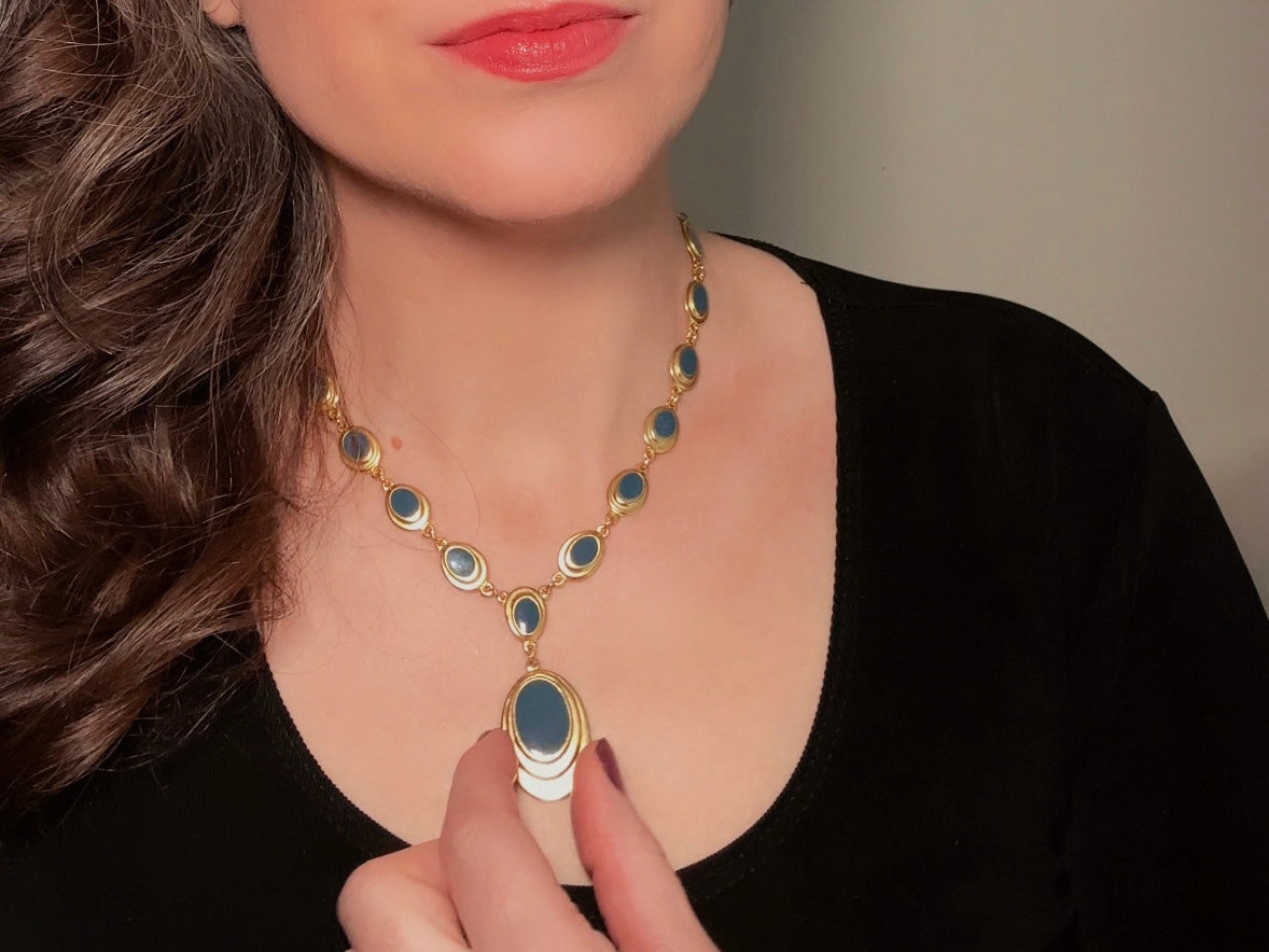 Gold and Blue Y Necklace, Vintage Goldette 1970s Gold Link Necklace with Muted Blue Enamel