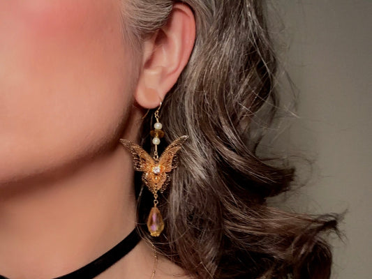 Golden Butterfly Earrings, Handmade 14kt Gold Filigree Dangle Earrings, Crystal and Pearl Celestial Faerie Earrings