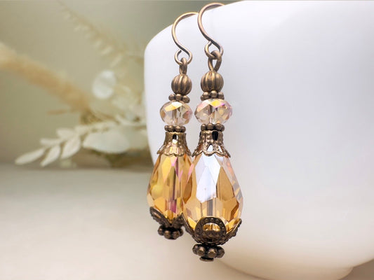 Golden Teardrop Earrings, Handmade Victorian Crystal Dangle Earrings with Antique Bronze Filigree Accents