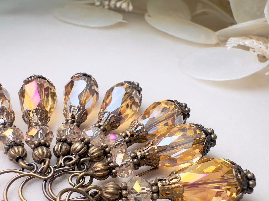 Golden Teardrop Earrings, Handmade Victorian Crystal Dangle Earrings with Antique Bronze Filigree Accents
