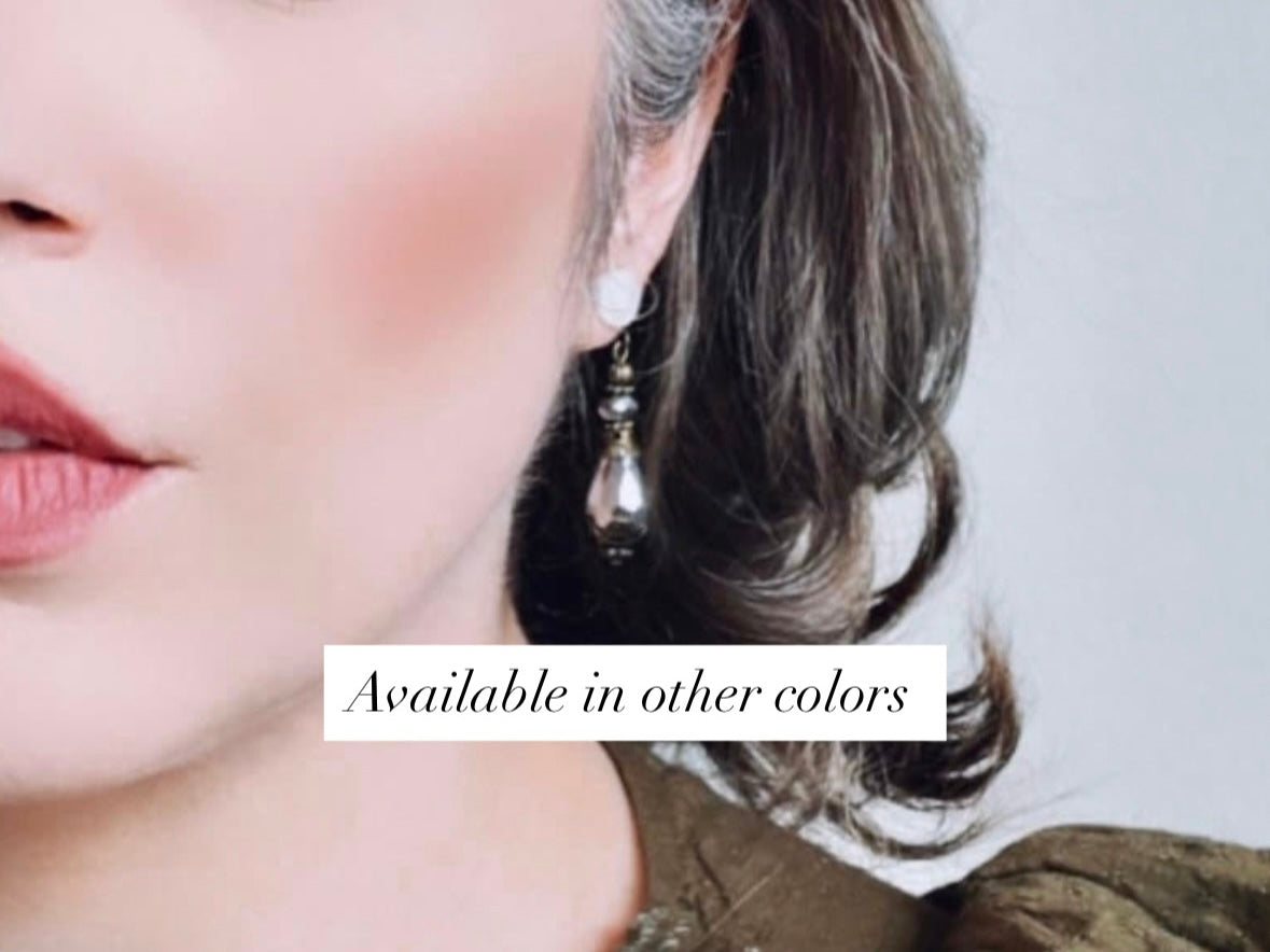 Golden Teardrop Earrings, Handmade Victorian Crystal Dangle Earrings with Antique Bronze Filigree Accents