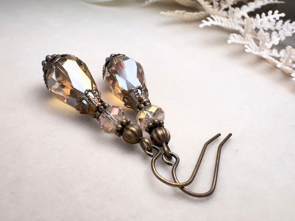 Golden Teardrop Earrings, Handmade Victorian Crystal Dangle Earrings with Antique Bronze Filigree Accents