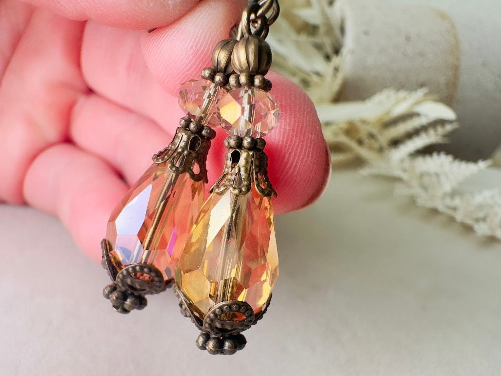 Golden Teardrop Earrings, Handmade Victorian Crystal Dangle Earrings with Antique Bronze Filigree Accents