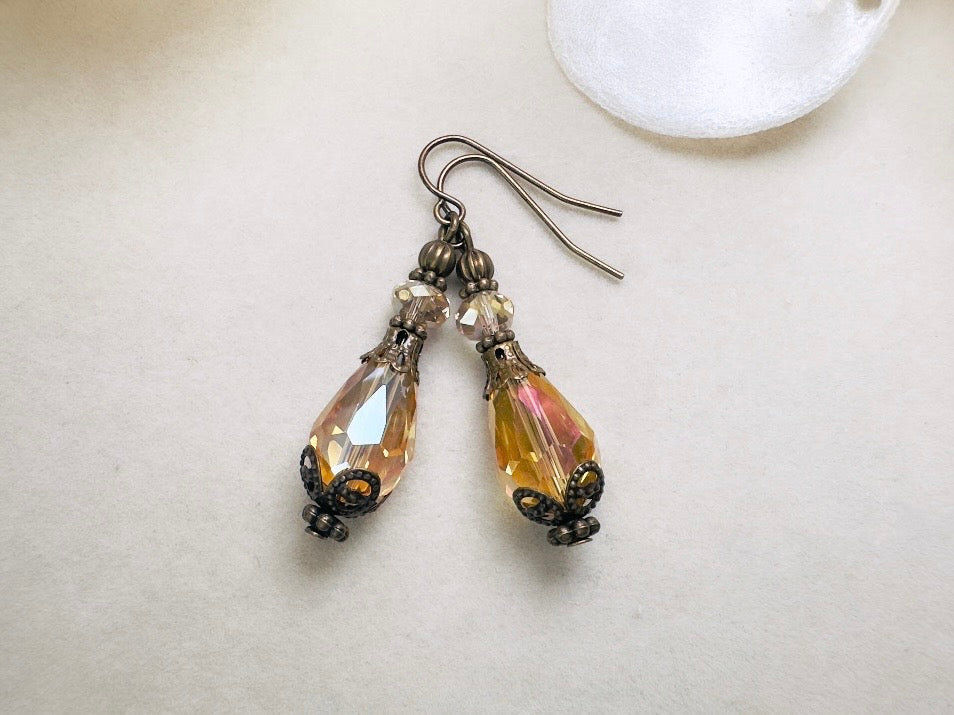 Golden Teardrop Earrings, Handmade Victorian Crystal Dangle Earrings with Antique Bronze Filigree Accents