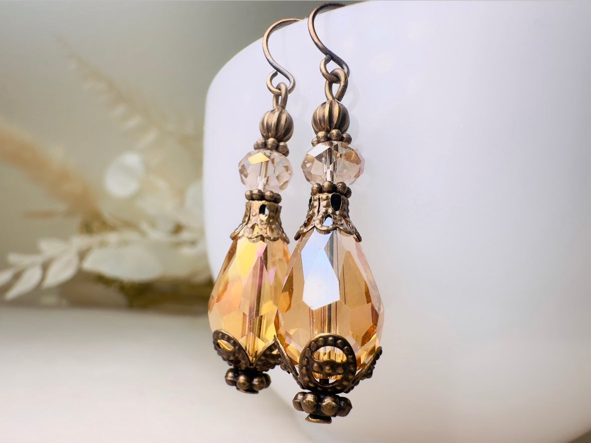 Golden Teardrop Earrings, Handmade Victorian Crystal Dangle Earrings with Antique Bronze Filigree Accents