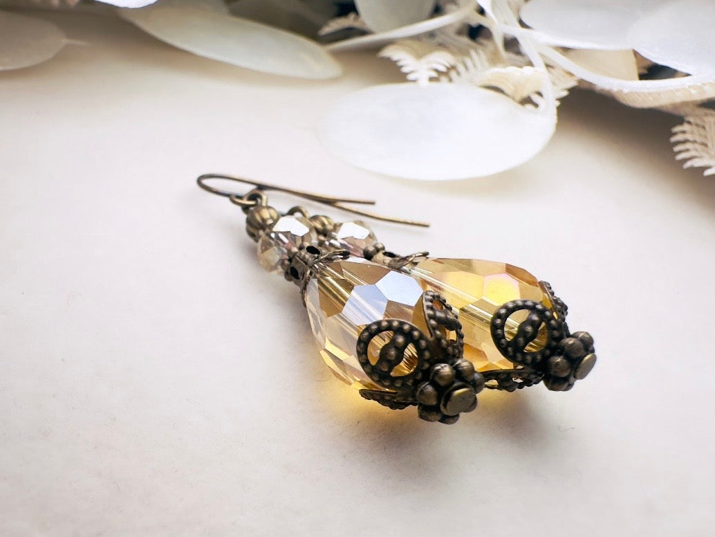 Golden Teardrop Earrings, Handmade Victorian Crystal Dangle Earrings with Antique Bronze Filigree Accents
