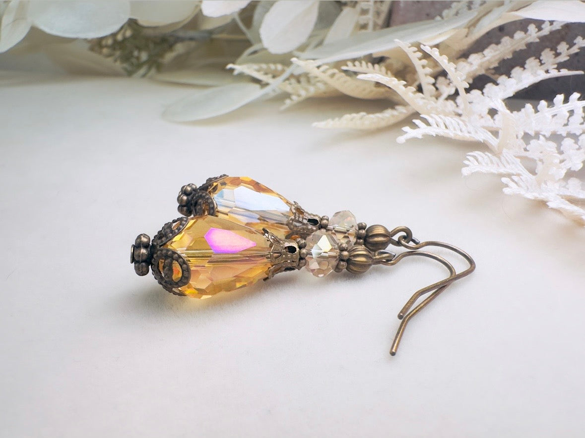 Golden Teardrop Earrings, Handmade Victorian Crystal Dangle Earrings with Antique Bronze Filigree Accents