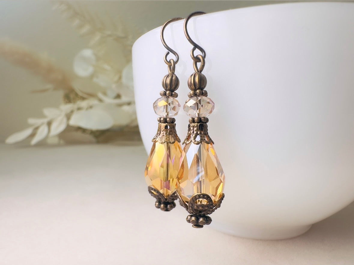 Golden Teardrop Earrings, Handmade Victorian Crystal Dangle Earrings with Antique Bronze Filigree Accents