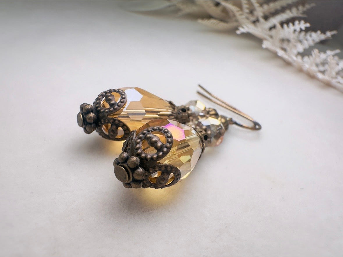 Golden Teardrop Earrings, Handmade Victorian Crystal Dangle Earrings with Antique Bronze Filigree Accents