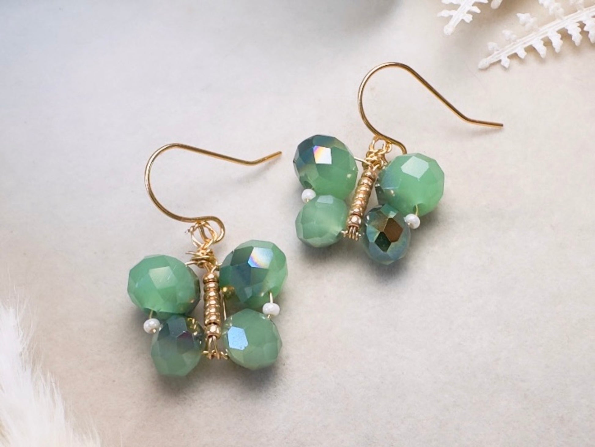 Green Butterfly Earrings, Handmade Beaded Dangle Earrings in Color Shifting Mint Opal Crystals, 24K Gold