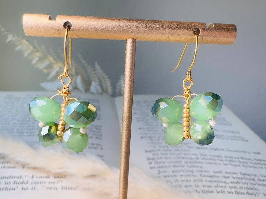 Green Butterfly Earrings, Handmade Beaded Dangle Earrings in Color Shifting Mint Opal Crystals, 24K Gold