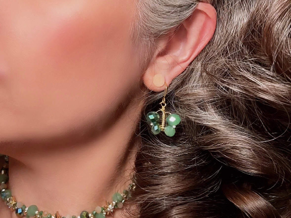 Green Butterfly Earrings, Handmade Beaded Dangle Earrings in Color Shifting Mint Opal Crystals, 24K Gold