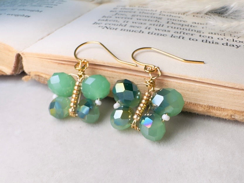 Green Butterfly Earrings, Handmade Beaded Dangle Earrings in Color Shifting Mint Opal Crystals, 24K Gold