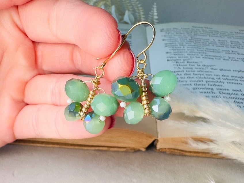Green Butterfly Earrings, Handmade Beaded Dangle Earrings in Color Shifting Mint Opal Crystals, 24K Gold