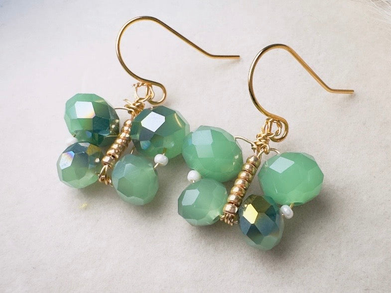 Green Butterfly Earrings, Handmade Beaded Dangle Earrings in Color Shifting Mint Opal Crystals, 24K Gold