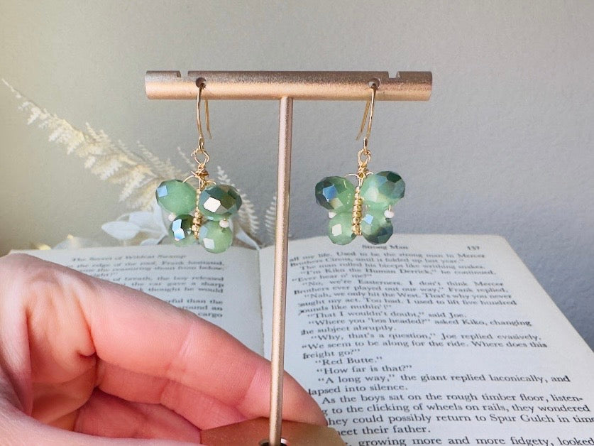 Green Butterfly Earrings, Handmade Beaded Dangle Earrings in Color Shifting Mint Opal Crystals, 24K Gold