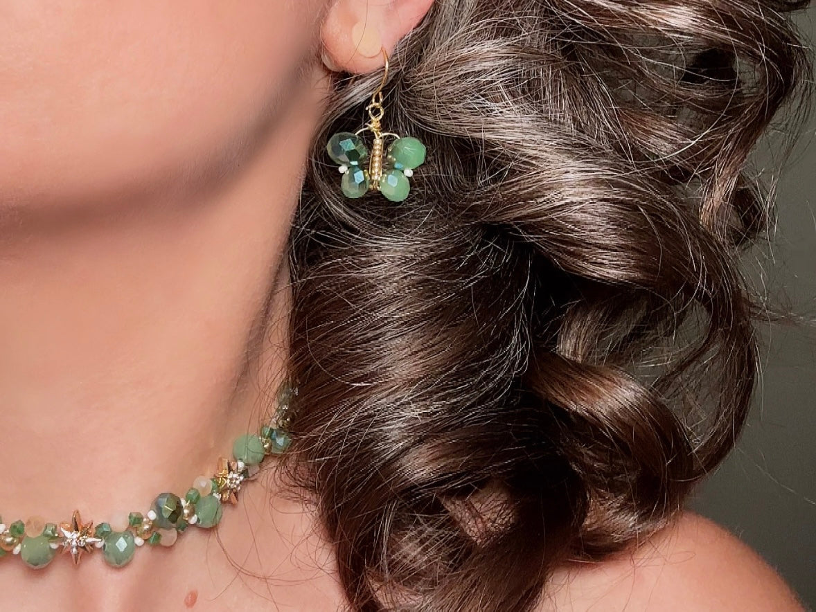Green Butterfly Earrings, Handmade Beaded Dangle Earrings in Color Shifting Mint Opal Crystals, 24K Gold