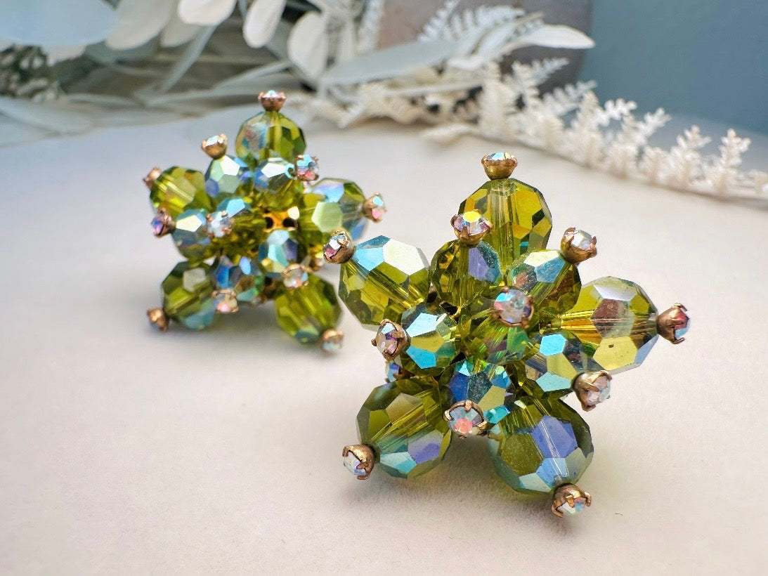 Green Cocktail Earrings, Vintage 60s Glam Crystal Cluster Clip On Earrings
