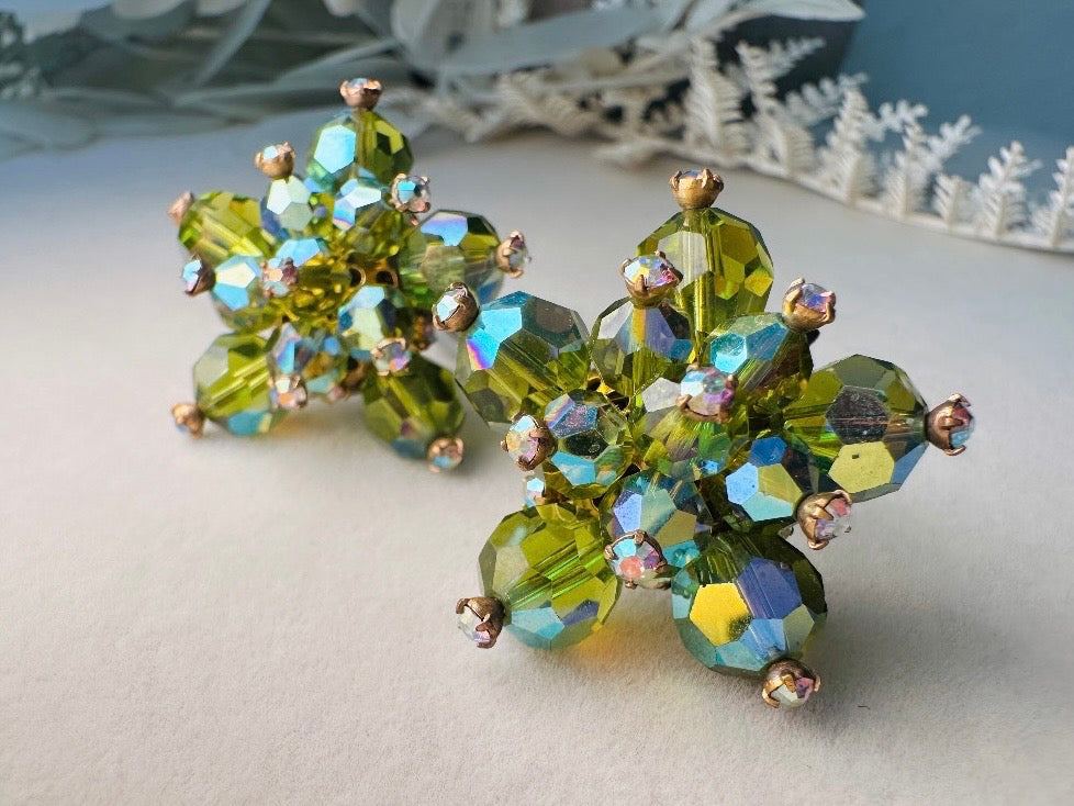 Green Cocktail Earrings, Vintage 60s Glam Crystal Cluster Clip On Earrings