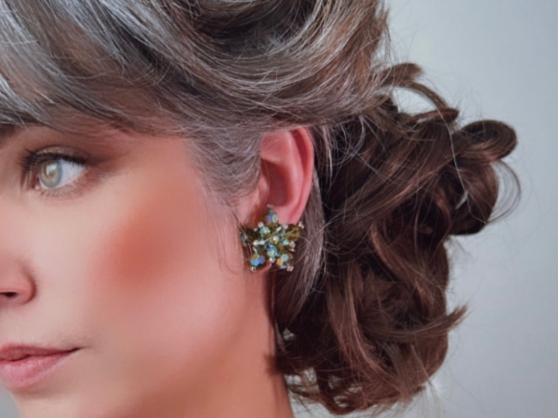 Green Cocktail Earrings, Vintage 60s Glam Crystal Cluster Clip On Earrings