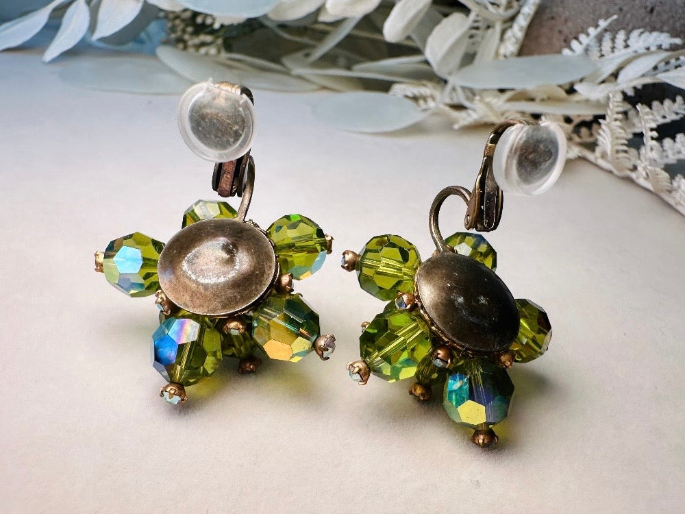 Green Cocktail Earrings, Vintage 60s Glam Crystal Cluster Clip On Earrings