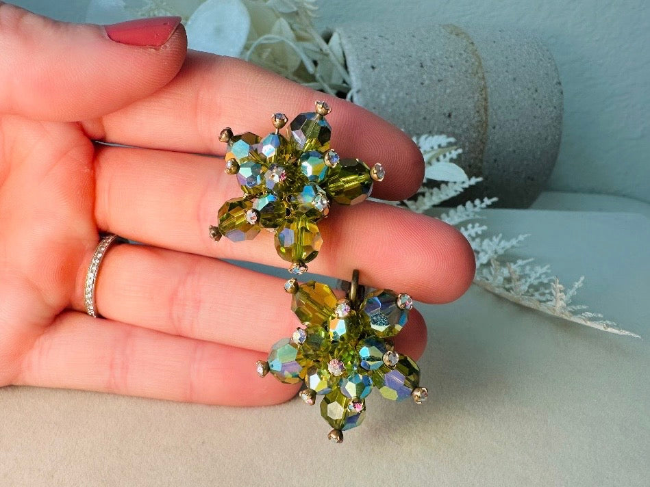 Green Cocktail Earrings, Vintage 60s Glam Crystal Cluster Clip On Earrings