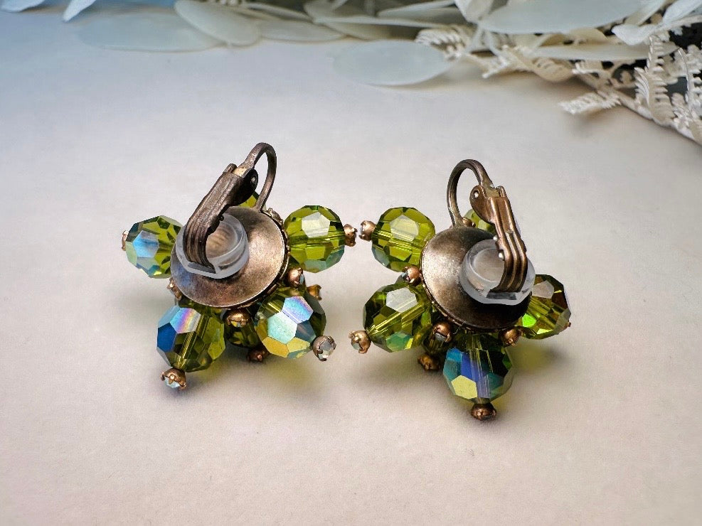 Green Cocktail Earrings, Vintage 60s Glam Crystal Cluster Clip On Earrings