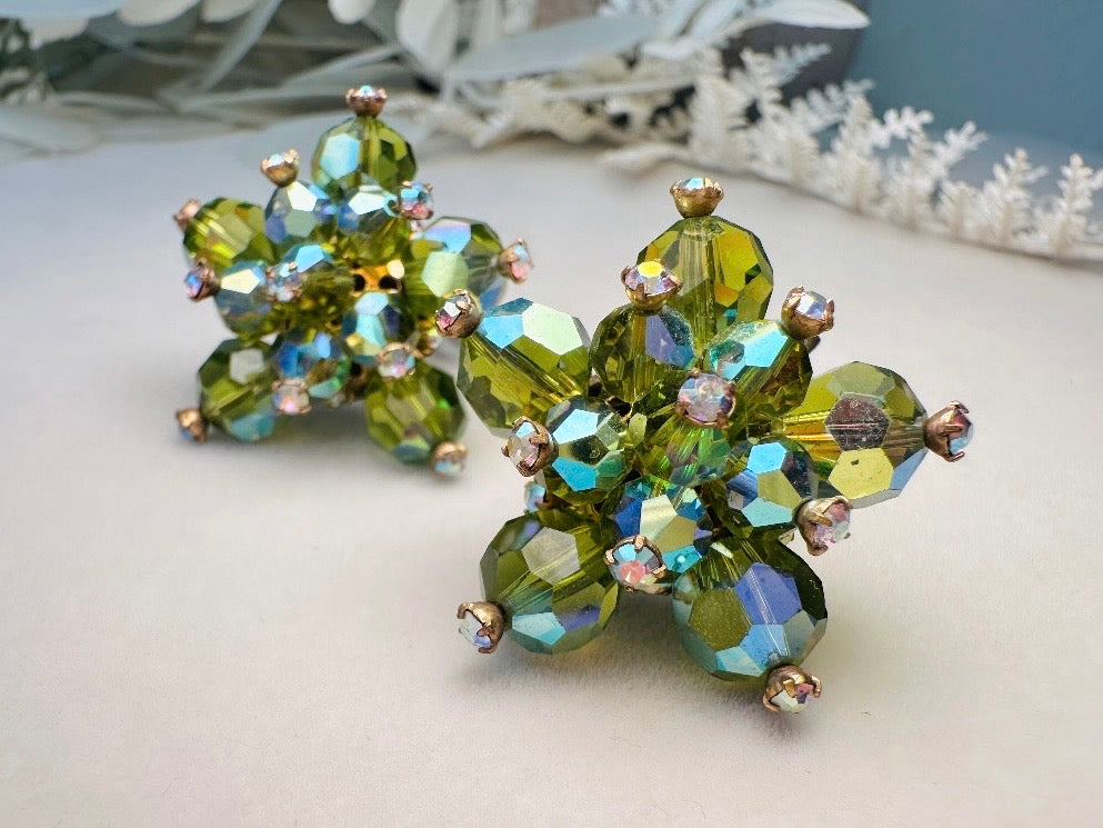 Green Cocktail Earrings, Vintage 60s Glam Crystal Cluster Clip On Earrings