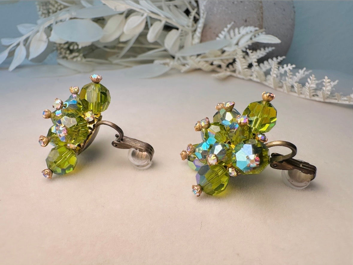 Green Cocktail Earrings, Vintage 60s Glam Crystal Cluster Clip On Earrings