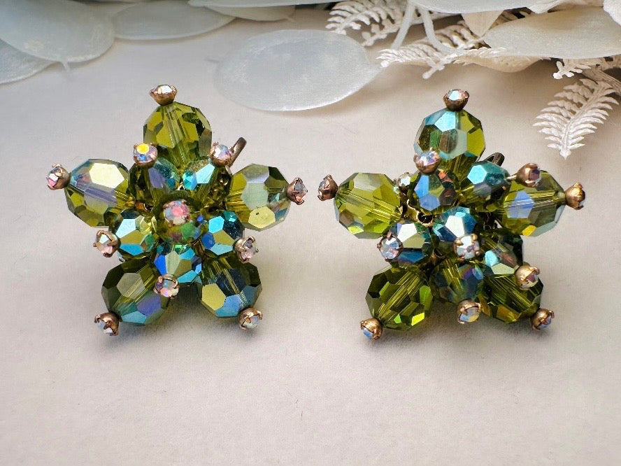 Green Cocktail Earrings, Vintage 60s Glam Crystal Cluster Clip On Earrings