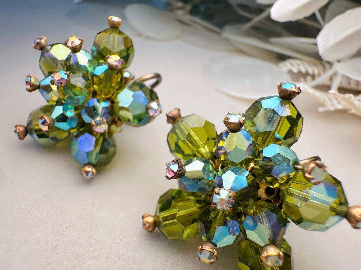 Green Cocktail Earrings, Vintage 60s Glam Crystal Cluster Clip On Earrings