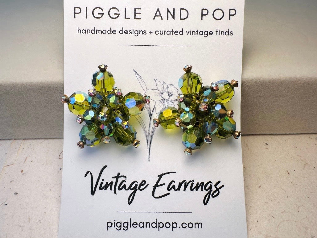 Green Cocktail Earrings, Vintage 60s Glam Crystal Cluster Clip On Earrings
