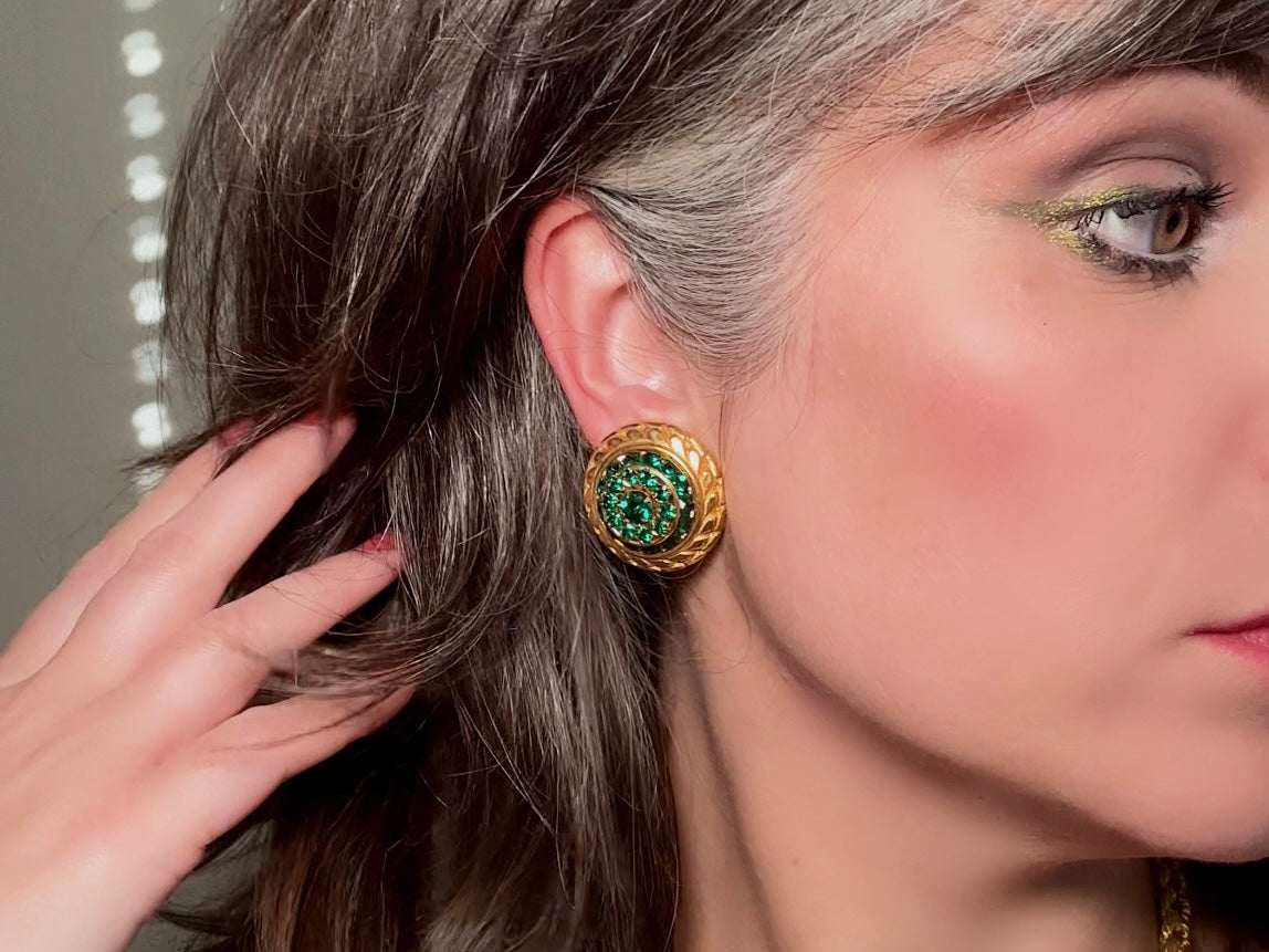 Green Cocktail Earrings, Vintage Etruscan Gold Earrings with Emerald Crystals, Retro 60s Glam Holiday Sparkle Statement Clip On Earrings