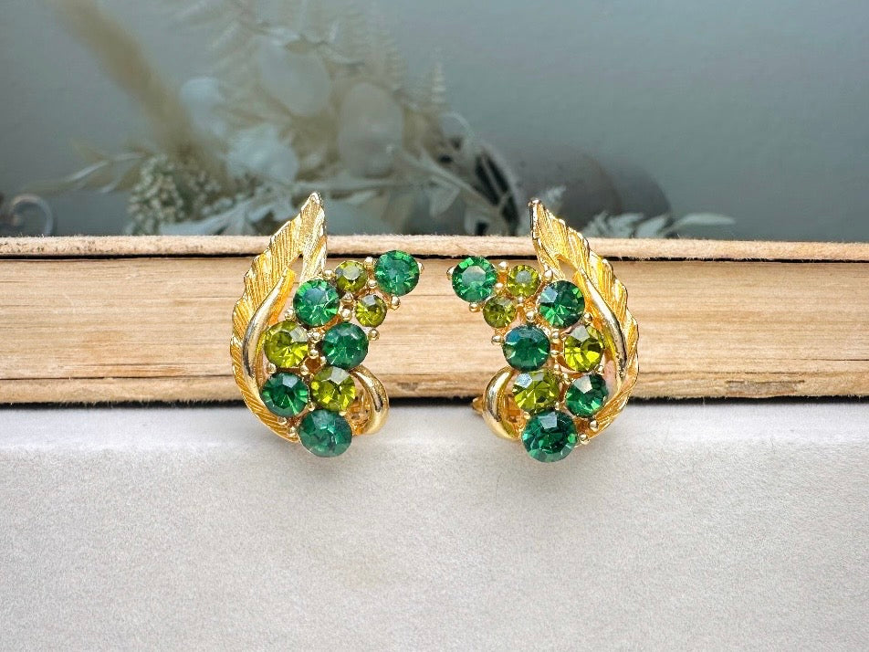 Green Cocktail Earrings, Vintage Gold Leaf Earrings with Green Crystals, Retro 60s Glam Holiday Sparkle Statement Clip On Earrings