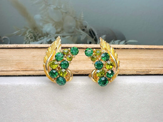 Green Cocktail Earrings, Vintage Gold Leaf Earrings with Green Crystals, Retro 60s Glam Holiday Sparkle Statement Clip On Earrings