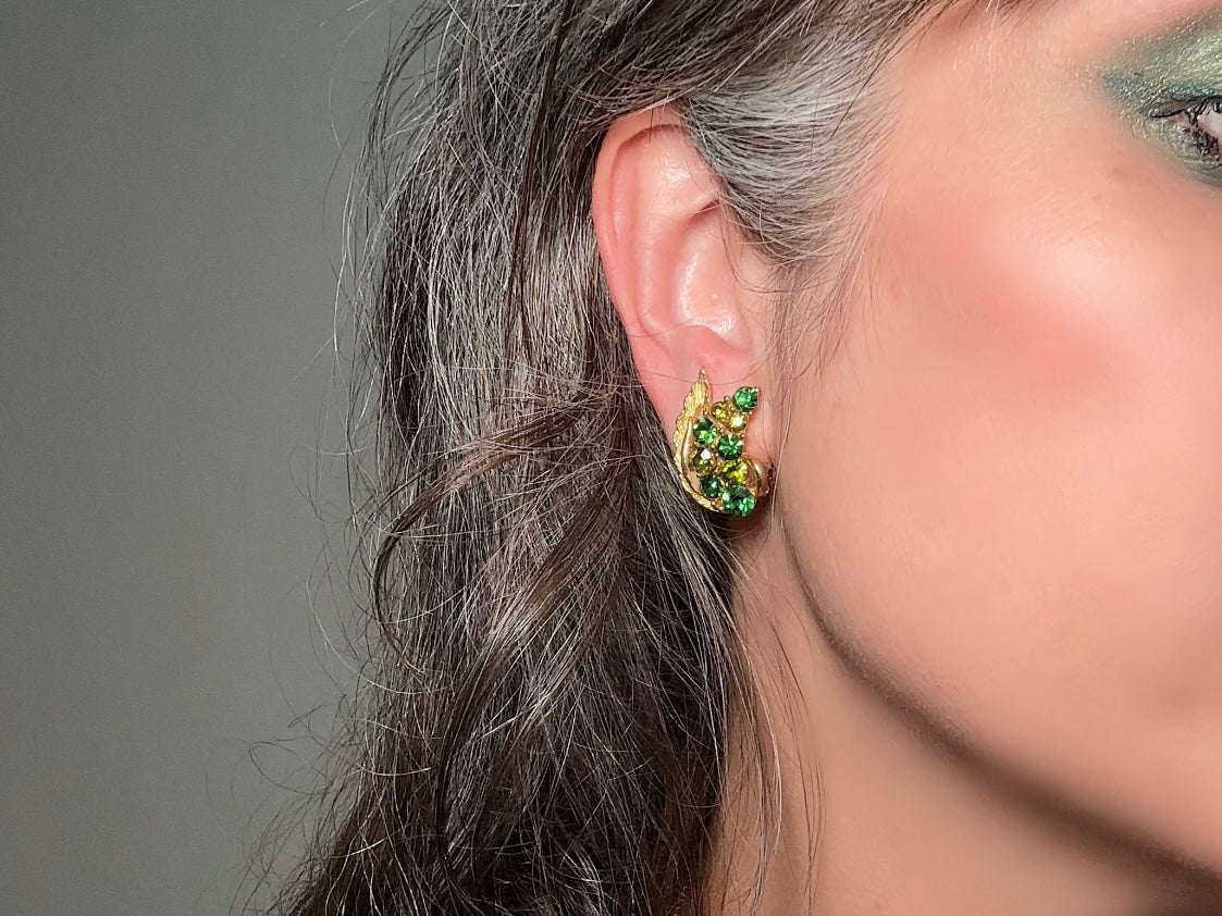 Green Cocktail Earrings, Vintage Gold Leaf Earrings with Green Crystals, Retro 60s Glam Holiday Sparkle Statement Clip On Earrings