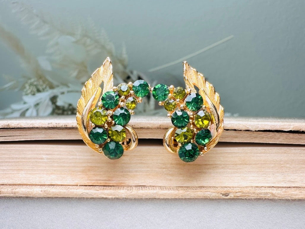 Green Cocktail Earrings, Vintage Gold Leaf Earrings with Green Crystals, Retro 60s Glam Holiday Sparkle Statement Clip On Earrings